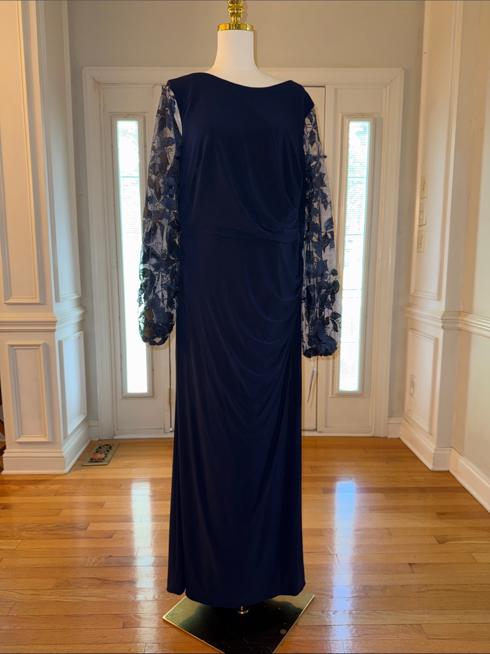Betsey & Adam Elegant Navy Long Dress with Sheer Embroidered Sleeves